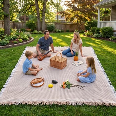Couverture de pique-nique extra large 177,8 x 177,8 cm pour 5 à 7 adultes. Idéale pour camping, pelouse, parc et plage. Cadeau original pour couples et mariage. Couleur marron. (1/5)