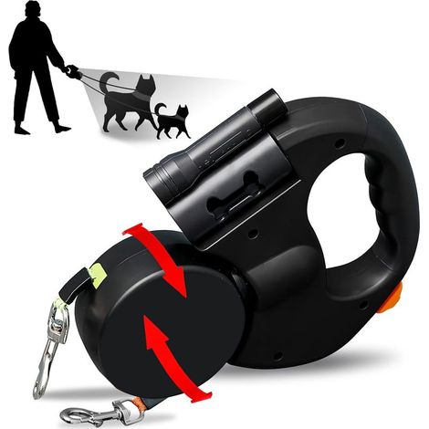 Laisse double pour 2 chiens Rétractable flexible avec lumière LED 3 m extensible poignée ergonomique confortable Noir (1/5)