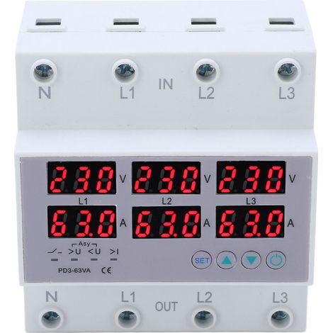 Dreiphasiges DIN-Schienen-Voltmeter-Amperemeter Automatischer Überspannungs- und Überstromschutz AC 390-500 V 63 A