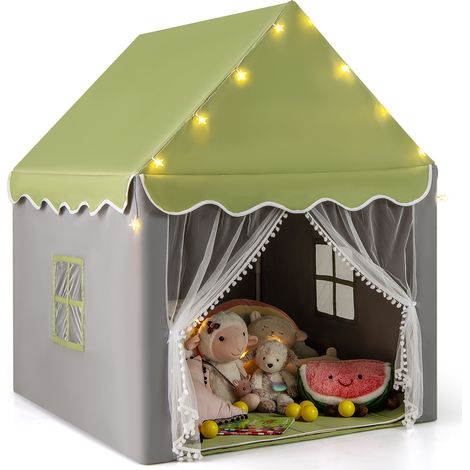 COSTWAY Kids Playhouse Tent w/ Washable Mat & Star Lights-Green (1/5)
