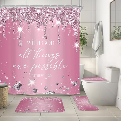 Ensemble de Rideau de Douche et Tapis de Bain, 4 Pièces, Motif Citations de Diamants Roses, Rideau de Douche en Polyester Imperméable avec 10 Tapis Antidérapants, Housse de Siège de Toilette (1/5)