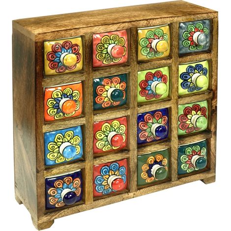 Gewürzregal mit 16 Schubladen, aus Holz und Keramik, farbenfrohes Design