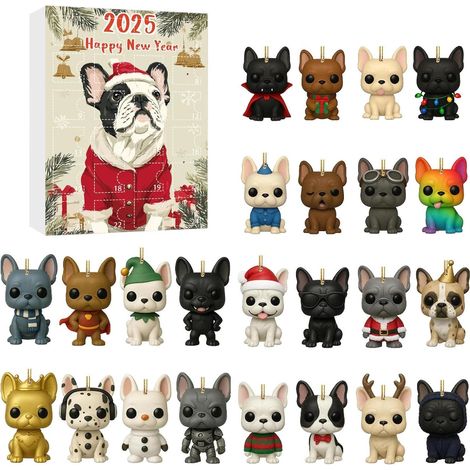 Calendrier de l'Avent 2025 en acrylique 2D avec motif bouledogue français, 24 jours, décoration de sapin de Noël, cadeau (C) (1/5)