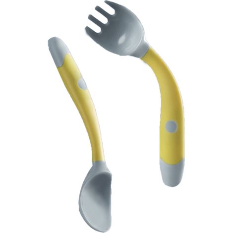 Ensemble Fourchette et Cuillère Bébé - Poignées Courbées en PP Souple - Ustensiles d'Apprentissage à l'Alimentation Autonome pour Tout-Petits - Jaune (1/5)