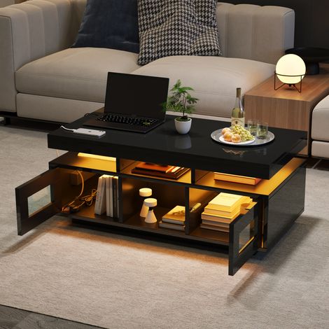 Mesa de centro 100x50x43 cm negra en tablero de partículas con LED, toma europea, USB y almacenamiento (1/5)