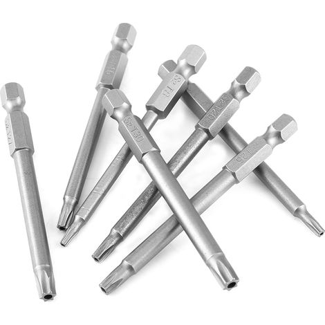 Ensemble de 7 embouts de tournevis magnétiques de sécurité en acier S2, tige hexagonale de 75 mm (1/4 pouce), T8-T30 (1/5)