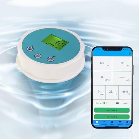 Testeur de Qualité d'Eau 6-en-1 Flottant Bluetooth Mesure Chlore, pH, EC (Conductivité), ORP (Potentiel Redox), Salinité et Température. Appli Smart Connectée pour Piscines, Hydroponie et Aquariums (1/5)