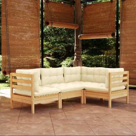 4-tlg. Garten-Lounge-Set mit Creme Kissen Kiefernholz (1/5)