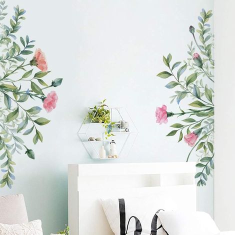 Sticker muraux aquarelle Autocollant mural plante verte fleurs printemps été Déco murale salon chambre couloir cuisine salle de bain meuble (1/5)