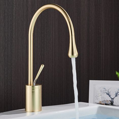 Zamery – Robinet de lavabo doré en laiton massif – Mitigeur haut avec poignée unique – Installation facile – Compatible avec systèmes d'eau chaude et froide
