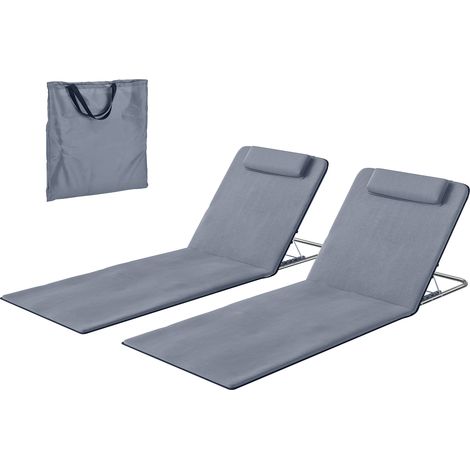 Set mit 2 gepolsterten Strandmatten – verstellbare Strandmatratzen – inklusive Tragetasche – graues PE-Polyester-Metall
