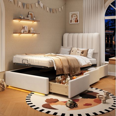 Cama infantil 90x200 cm con arcón, pistón de gas, 3 cajones, LED, terciopelo beige OKMYHOME (1/5)