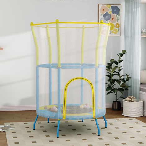 Indoor-Kindertrampolin mit Sicherheitsnetz, elastischen Seilen und gepolsterten Stangen, 3–6 Jahre, Ø 140 x 190 cm, Hellblau