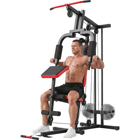 Station de musculation - SPORTNOW - disques libres, avec poulie, bras papillon, banc amovible - acier - 136x107x205cm - noir rouge (1/5)