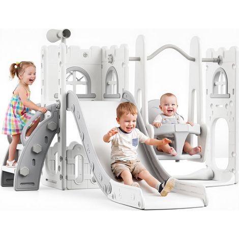 Structure de jeu 7 en 1 gris-blanc toboggan balançoire pour tout-petit dès 1 an intérieur extérieur (1/5)