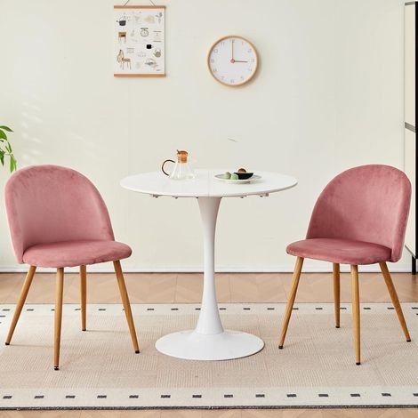 Esstisch-Set mit 4 Samtstühlen, runder Holztisch 80cm, rosa/weiß (1/5)