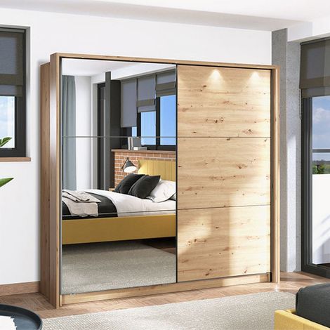 Armario Grande Soncino, Ropero Dormitorio con Perchero, 8 Estantes, Puerta Corrediza, 217x210h cm Roble Marrón (1/5)