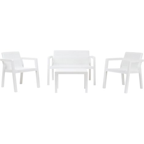 Toomax Set Salotto da giardino Riviera 4 posti bianco, in plastica resistente effetto juta, 2 poltrone con schienale ergonomico, divanetto da 2 posti e tavolo, ideale per spazi esterni
