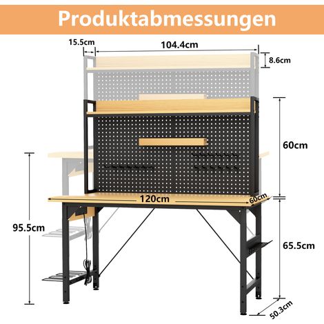 Établi mobile 120 cm réglable en hauteur avec panneau perforé, bois robuste sur roulettes, charge max 700 kg, prises AC/USB, crochets et étagère, pour garage, atelier, bureau, maison. (1/5)