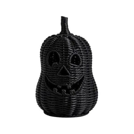 Cesta de almacenamiento de calabaza tejida a mano con junco marino negro y tapa extraíble en forma de sombrero de bruja: plato de dulces espeluznante para Halloween, centro de mesa de calabaza, decora