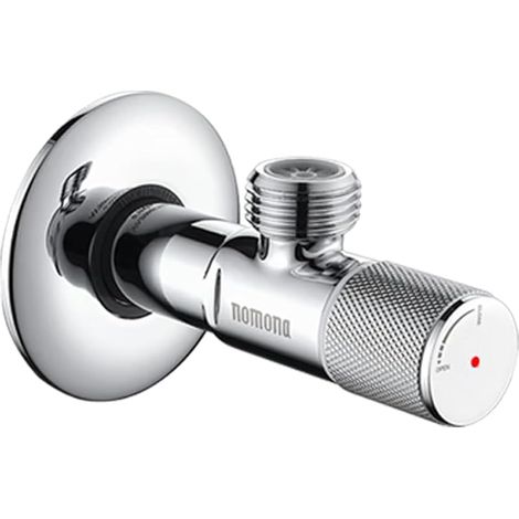 Vanne d'angle allongée, laiton chromé, raccord mural G1/2" (BSPP 1/2"), G1/2" (BSPP 1/2") sortie pour robinet de lavabo, robinet de cuisine, toilettes, chauffe-eau (marquage : rouge)