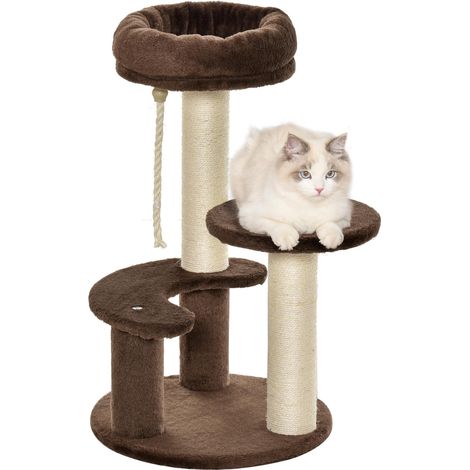 Arbre à chat à 3 niveaux avec coussin moelleux et poteaux en sisal, Ø40 x 65 cm, marron résistant aux intempéries et à l'humidité (1/5)
