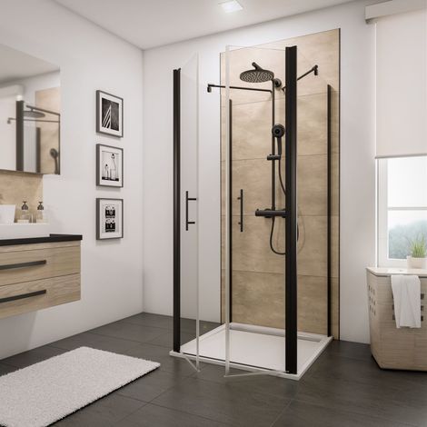 Schulte – Porte de douche battante en U 80x80 cm – Verre anticalcaire 5 mm – Profilé noir mat – Ouverture double sens – Montage facile