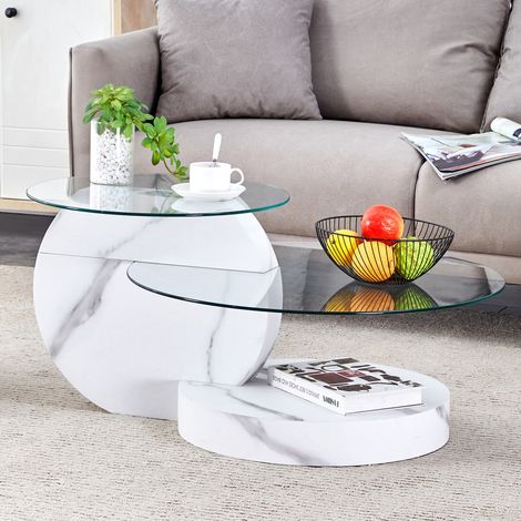 Table basse 90x70x44 cm blanc et transparent – double plateau en verre, effet marbre, MDF MEUBLIV (1/5)