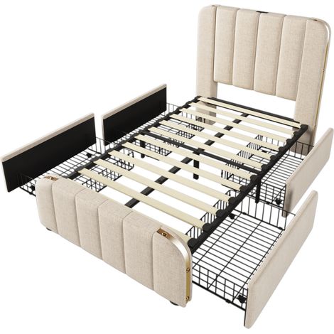 Letto con Cassetti 90 × 200 cm, Letto Singolo con 4 Cassetti, USB e Tipo C, senza Materasso, Lino Beige (1/5)