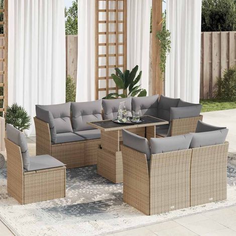 Salon de jardin 9 pièces avec coussins, résine tressée beige et table relevable, 89.9kg - PANGIVO (1/5)