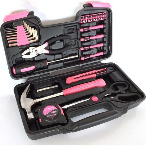 Boîte à Outils Rose 39 pièces, Kit de Bricolage Complet et Portable avec Pince, Marteau, Tournevis - Idéal pour Travaux et Réparations à Domicile