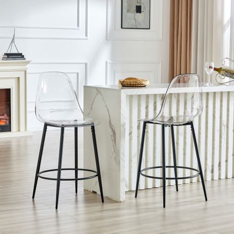 2er-Set transparente Barhocker mit Schwebendesign – ideal für europäische offene Küchen. Schwarze Metallbeine passen perfekt zum modernen Luxus-Minimalismus.