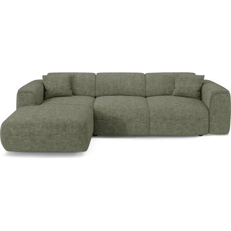 Canapé convertible angle gauche 5 places en velours texturé vert sauge YUMA (1/5)