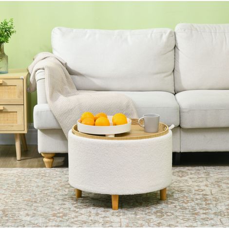 Puf redondo con almacenaje Ø56 x 42 cm blanco con tapa abatible y patas de madera (1/5)