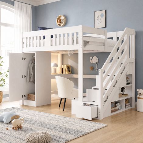 Lit mezzanine junior 140 x 200 cm avec bureau, armoire, escalier de rangement et LED, blanc (1/5)