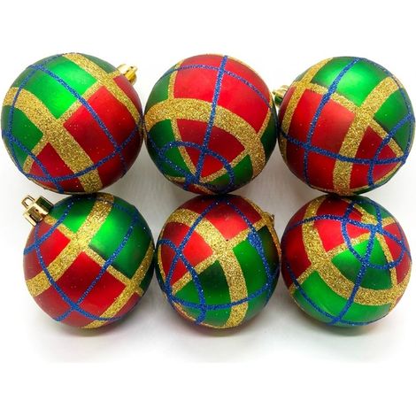 Sfere Palline Natalizie Decorate 8cm Set da 6 Pezzi Rosso Verde oro blu Addobbi Stile Scozzese con Filo Dorato Decorazioni Tartan con Glitter per Albero e Allestimenti (1/5)