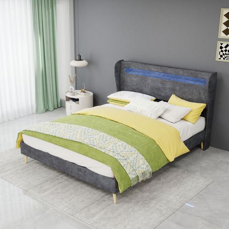 Lit capitonné moderne avec LED intégrée et chargeur USB — tête de lit ajustable en hauteur, structure stable, revêtement en tissu doux, design élégant pour chambre à coucher (1/5)