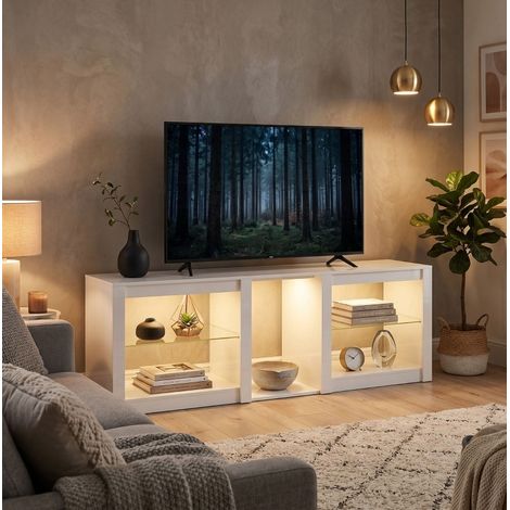 Mobile TV basso LED RGB 160 cm con ripiani in vetro regolabili, per TV fino a 75", bianco OKWISH (1/5)