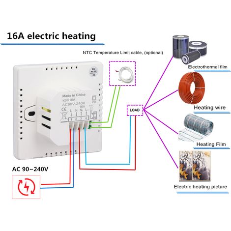 Intelligentes Heimthermostat, Touchscreen, programmierbare Temperaturregelung, IP20-Schutz, automatischer/manueller Modus, 16A digitale elektrische Fußbodenheizung.