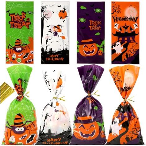 QORVA-Sachets à friandises d'Halloween - Lot de 50 sachets à bonbons en cellophane 12,5 x 27,5cm avec attaches torsadées (1/5)