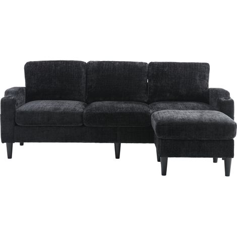 Sofá 4 plazas con chaise longue y almacenaje, chenilla negra, con portavasos y bolsillos (1/5)