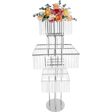 Support à fleurs sur pied à 5 niveaux carrés en métal argenté avec pendentifs cristallins, présentoir floral, centre de table décoration pour mariage, cérémonie et réception - hauteur 125 cm, base ron (1/5)