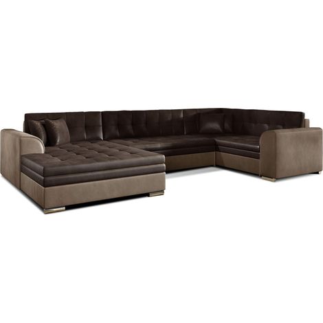 Canapé panoramique convertible CALDERO 5 places marron – angle gauche – 4 coussins (1/5)