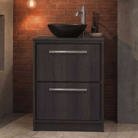 Hudson Reed Lille Floor Standing 2-Drawer Vanity Unit with Worktop 600mm Wide - Graphite Grey Woodgrain (1/5)