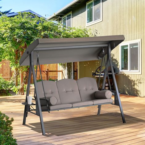 Balancelle extérieur 3 personnes grand confort, auvent inclinable réglable, coussins tablettes escamotables, polyester filé beige. (1/5)