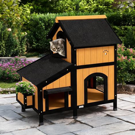 Maison de jardin pour chat en bois 2 étages avec fenêtres (1/5)