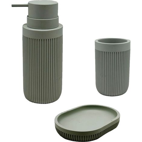Relaxdays Bad Accessoires, 3-teilig, Seifenschale, Seifenspender, Zahnputzbecher, Polyresin, Bad Zubehör Set, hellgrau