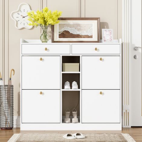 Élégant meuble à chaussures avec 4 portes basculantes, 2 tiroirs et 3 compartiments ouverts – Idéal pour les couloirs et entrées modernes