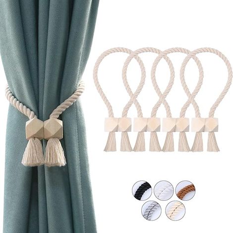 4 bridas magnéticas beige resistentes para cortinas, fijadores para cortinas, bridas para cortinas de exterior, bridas de algodón tejidas a mano, bridas para cortinas