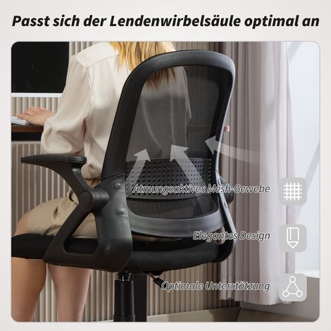 Atmungsaktiver Bürostuhl aus Netzgewebe, ergonomischer Drehstuhl mit klappbaren Armlehnen und Lendenwirbelstütze, Schwarz. (1/5)